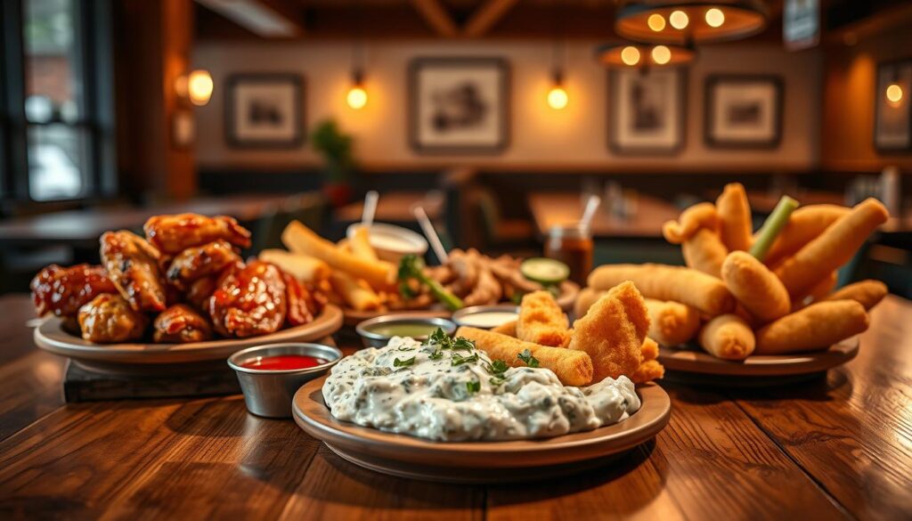 A beautifully composed still life showcasing Applebee's irresistible appetizer selection. In the foreground, a tempting array of classic favorites - sizzling boneless wings, creamy spinach and artichoke dip, and golden-fried mozzarella sticks. Artfully arranged on a rustic wooden table, the dishes are illuminated by warm, ambient lighting that casts gentle shadows, creating a cozy, inviting atmosphere. In the middle ground, a selection of dipping sauces and garnishes add pops of color and texture, while the background features a softly blurred view of the restaurant's inviting decor, hinting at the overall dining experience. The entire scene is captured with a shallow depth of field, drawing the viewer's eye directly to the mouthwatering appetizers.