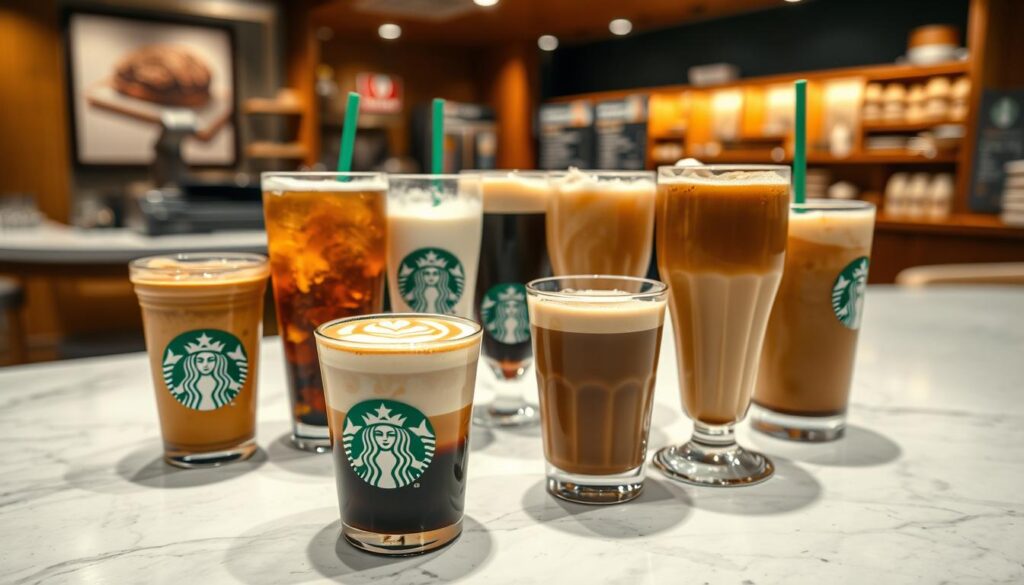 A beautifully lit, high-resolution image of a Starbucks cafe setting featuring an artfully arranged display of various breakfast menu beverages. In the foreground, a selection of classic Starbucks espresso drinks - a latte, cappuccino, and Americano - sit atop a marble countertop, their rich, creamy textures and intricate latte art visible. In the middle ground, a variety of cold brew and iced coffee options are presented, their glasses sweating with condensation. In the background, the cafe's warm, inviting atmosphere is visible, with wooden accents, soft lighting, and a hint of the breakfast food menu visible. The overall composition emphasizes the harmonious pairing of Starbucks' beloved breakfast beverages with their morning food offerings.