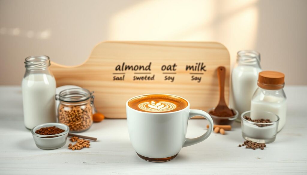 A beautifully styled and artfully arranged image of a &quot;Vegan Coffee Drinks Customization Guide&quot;. In the foreground, a sleek and modern white ceramic mug filled with a rich, creamy vegan coffee drink, topped with a delicate foam design. Surrounding the mug, an assortment of vegan milk alternatives such as almond, oat, and soy milk in small glass jars, along with various plant-based sweeteners and spices. In the middle ground, a minimal, light-colored wooden board or surface serves as the backdrop, showcasing the vegan coffee customization options. The background features a soft, blurred, and airy atmosphere, with a warm, natural lighting source creating a cozy and inviting ambiance. The overall composition is clean, elegant, and visually appealing, perfectly capturing the essence of a vegan coffee customization guide.