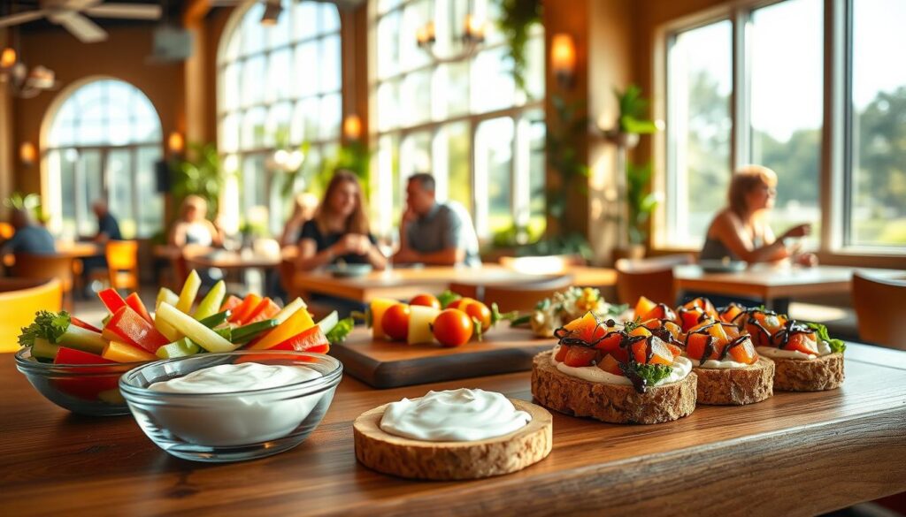 A bright, airy Applebee's restaurant interior, sunlight streaming through large windows. On a wooden table in the foreground, an artful arrangement of healthy appetizers - fresh vegetable crudités with creamy tzatziki dip, juicy fruit skewers, and crisp bruschetta bites topped with diced tomatoes and drizzled with balsamic glaze. The middle ground features a few diners enjoying the light starters, their expressions content. In the background, the restaurant's warm, inviting atmosphere is evident, with soft lighting, greenery, and natural textures creating a relaxing ambiance. The overall scene conveys a sense of wellness, balance, and mindful indulgence. A bright, airy Applebee's restaurant interior, sunlight streaming through large windows. On a wooden table in the foreground, an artful arrangement of healthy appetizers - fresh vegetable crudités with creamy tzatziki dip, juicy fruit skewers, and crisp bruschetta bites topped with diced tomatoes and drizzled with balsamic glaze. The middle ground features a few diners enjoying the light starters, their expressions content. In the background, the restaurant's warm, inviting atmosphere is evident, with soft lighting, greenery, and natural textures creating a relaxing ambiance. The overall scene conveys a sense of wellness, balance, and mindful indulgence.