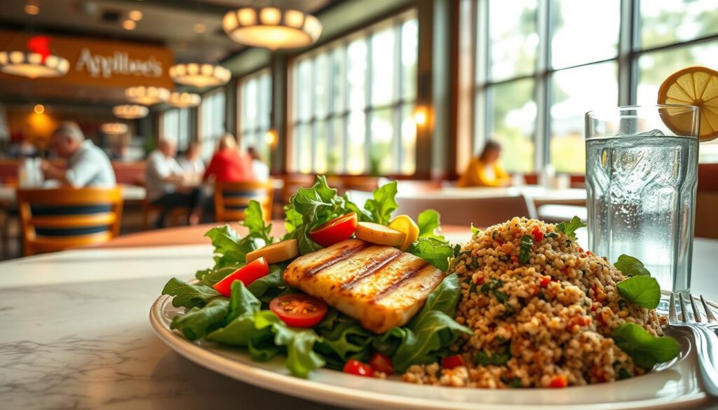 A bright and airy Applebee's restaurant interior, with modern and inviting decor. On the table in the foreground, an array of healthy menu options are elegantly presented - a grilled chicken salad with fresh greens, tomatoes, and a light vinaigrette dressing, a plate of steamed vegetables with a protein-rich quinoa side, and a refreshing glass of water with a lemon wedge. The lighting is soft and natural, creating a calm and relaxing atmosphere. In the background, patrons are enjoying their meals, creating a sense of community and wellness. The overall scene conveys a healthier dining experience at Applebee's, showcasing their commitment to providing nutritious and flavorful options.