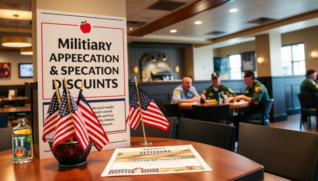 A brightly lit, modern interior of an Applebee's restaurant, with a prominent display highlighting the &amp;amp;amp;amp;amp;amp;amp;amp;amp;amp;amp;amp;quot;Military Appreciation Discounts&amp;amp;amp;amp;amp;amp;amp;amp;amp;amp;amp;amp;quot; offer. In the foreground, a table is set with an American flag centerpiece, military memorabilia, and a menu showcasing the special discounted meals available to active-duty personnel and veterans. The middle ground features uniformed service members enjoying their discounted meals, while the background showcases the restaurant's warm, inviting atmosphere with subtle military-themed decor. The lighting is soft and welcoming, creating a sense of appreciation and gratitude for those who have served.