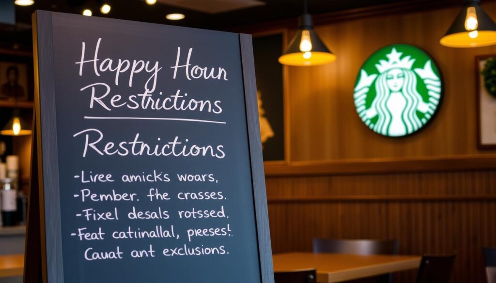 A cozy Starbucks cafe interior, with soft lighting and a warm, inviting atmosphere. In the foreground, a chalkboard sign displays the &quot;Happy Hour Restrictions&quot; in elegant cursive, outlining the limited-time deals and exclusions. The middle ground features a stylized Starbucks logo and subtle patterns, hinting at the brand's visual identity. The background showcases the cafe's signature wood paneling and natural accents, creating a sense of comfort and familiarity. The overall composition evokes a sense of professionalism and attention to detail, perfectly suited to illustrate the &quot;Happy Hour Restrictions and Fine Print&quot; section of the article.