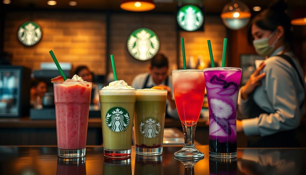 A cozy Starbucks cafe setting, bathed in warm, inviting lighting. On the counter, an array of specialty Happy Hour drinks, each with its own unique color and presentation - a vibrant pink Strawberry Frappuccino, a creamy green Matcha Latte, and a swirling, ombre Violet Drink. Baristas in crisp uniforms expertly crafting these delightful beverages, their movements captured in a soft, cinematic focus. The background features the familiar Starbucks logo and branding, hinting at the premium quality and experience. An atmosphere of relaxation and indulgence, perfect for a midday break or an evening social gathering.