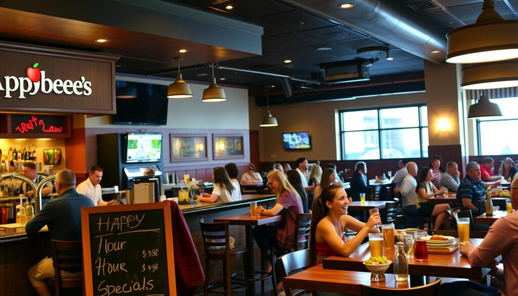 A cozy, dimly-lit Applebee's restaurant interior, with a prominent bar in the foreground featuring a chalkboard sign displaying the &amp;amp;amp;amp;amp;amp;amp;amp;amp;amp;amp;amp;quot;Happy Hour Specials&amp;amp;amp;amp;amp;amp;amp;amp;amp;amp;amp;amp;quot; menu. Patrons seated at high-top tables, enjoying discounted drinks and appetizers. Warm, inviting lighting casts a soft glow, creating a relaxed, social atmosphere. In the background, glimpses of the restaurant's casual dining area, with a few patrons enjoying their meals. The scene conveys the welcoming, lively vibe of an Applebee's Happy Hour, enticing viewers to take advantage of the special offers.