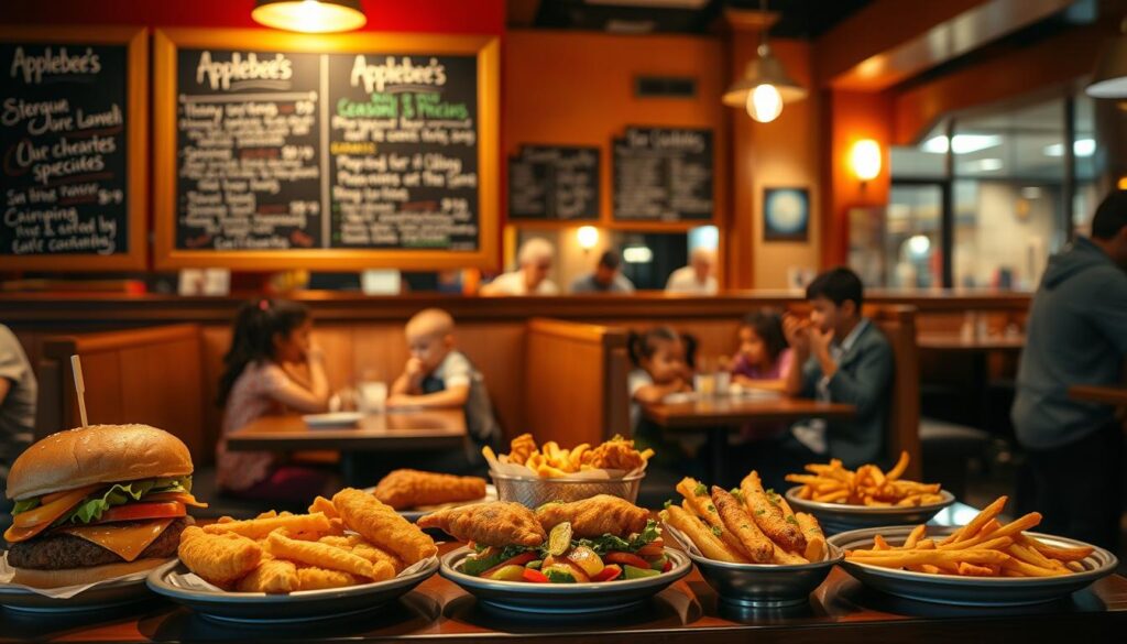 A cozy, warm-lit diner scene featuring the Applebee's Kids Menu Seasonal Specials. In the foreground, a delightful array of kid-friendly dishes - juicy burgers, crispy chicken tenders, and vibrant veggie sides. Floating above, handwritten chalkboard menus highlight the limited-time offerings. In the middle ground, families gathered around wood-paneled booths, enjoying quality time together. The background depicts the inviting atmosphere of the Applebee's restaurant, with glimpses of the open kitchen and friendly staff. Soft, diffused lighting casts a comforting glow, evoking a sense of nostalgia and community.