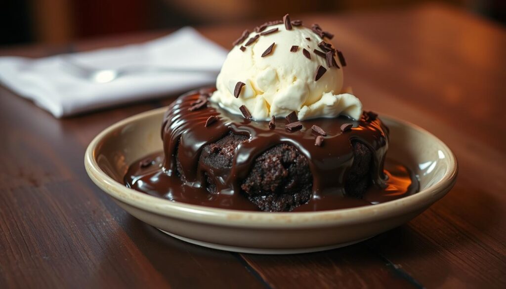 A decadent and indulgent Applebee's Triple Chocolate Meltdown Dessert presented on a rustic wooden table. The warm, oozing chocolate cake is topped with a scoop of creamy vanilla ice cream, drizzled with rich chocolate sauce, and sprinkled with shaved dark chocolate shards. Soft lighting casts a warm glow, highlighting the glossy, molten texture of the dessert. The image evokes a cozy, intimate atmosphere, inviting the viewer to savor the luxurious, chocolatey experience.