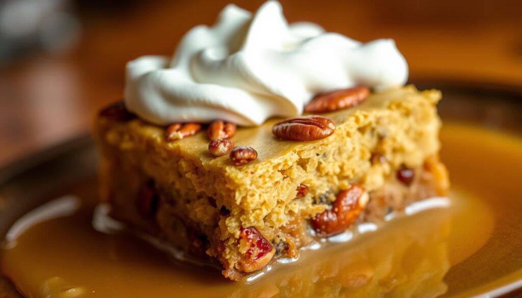 A delectable Applebee's Butter Pecan Blondie Dessert, captured in a warm, inviting close-up. The blondie, with its golden-brown crust and gooey, caramelized interior, sits atop a pool of rich, buttery sauce. Toasted pecans are scattered generously, adding a delightful crunch. Soft, pillowy whipped cream crowns the dessert, complementing the nutty sweetness. The lighting is soft and warm, creating a cozy, intimate atmosphere, drawing the viewer's attention to the decadent treat. A shallow depth of field blurs the background, keeping the focus on the star of the scene - the Applebee's Butter Pecan Blondie Dessert.