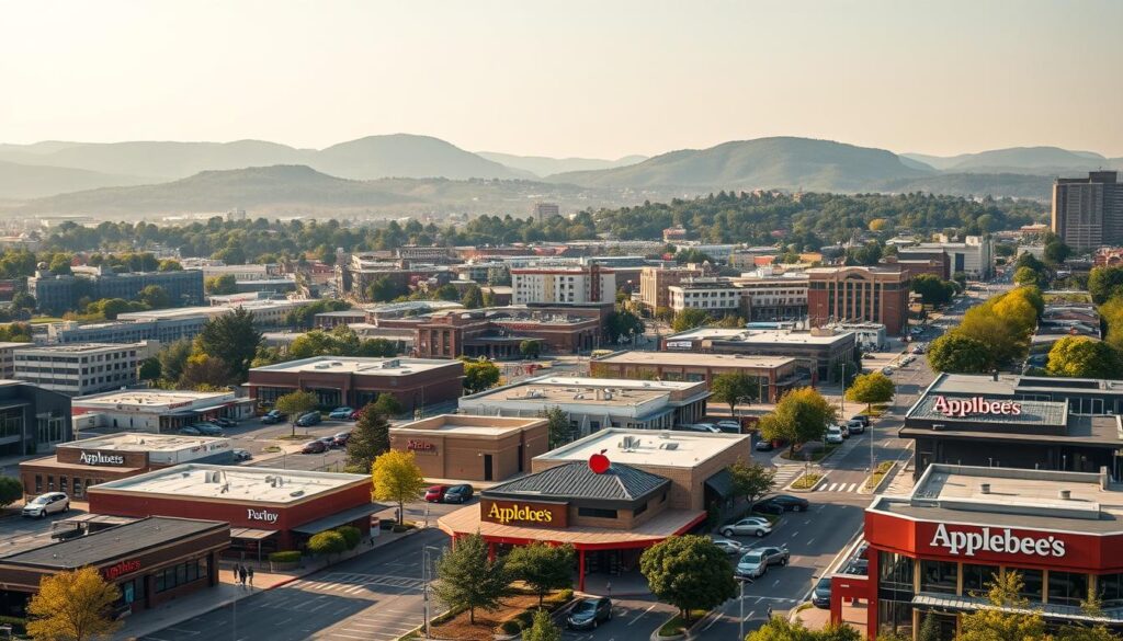 A detailed, high-resolution landscape showing the locations of several Applebee's restaurants in Greensboro, North Carolina. The foreground depicts the bustling streets and cityscapes of the city, with various Applebee's establishments highlighted with clear signage and branding. The middle ground features a mixture of modern commercial buildings, shopping centers, and residential areas, creating a vibrant and diverse urban setting. The background showcases the rolling hills and lush greenery that characterize the Piedmont region, providing a scenic backdrop to the Applebee's locations. The lighting is natural and warm, with a slightly hazy atmosphere that adds to the sense of place. The overall composition conveys the accessibility and prominence of Applebee's within the Greensboro community.