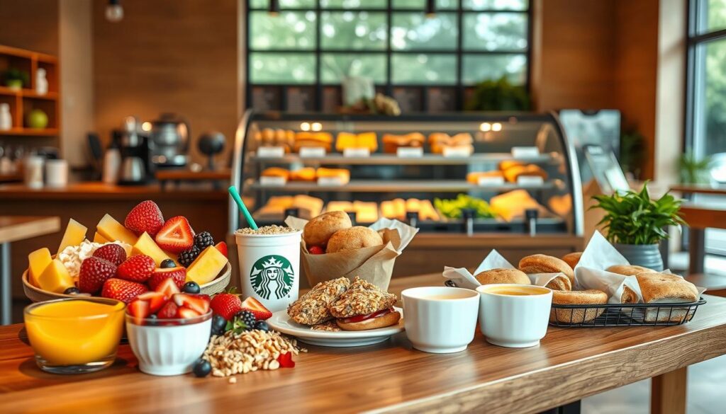 A high-quality, well-lit scene of a Starbucks breakfast display showcasing various healthy meal options. In the foreground, a wooden table holds a selection of vibrant fruit, yogurt, granola, and whole grain pastries. In the middle ground, a glass display case features freshly prepared breakfast sandwiches, wraps, and salads. The background depicts the warm, inviting ambiance of a Starbucks cafe, with natural lighting streaming through large windows and minimal decor elements that complement the healthy, nutritious theme. The overall mood is clean, fresh, and enticing, encouraging viewers to explore Starbucks' healthy breakfast choices.