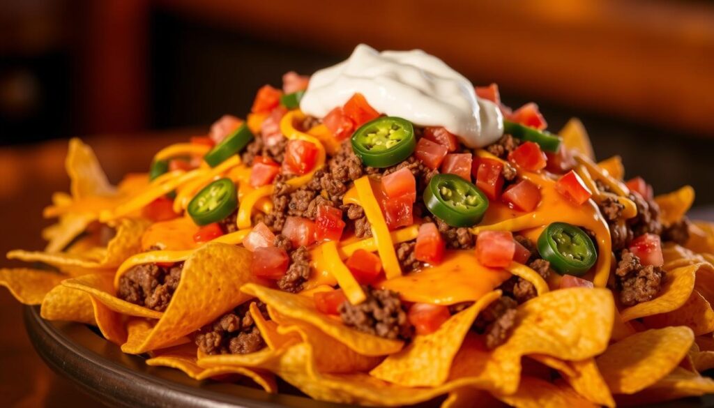 A large platter of Applebee's Neighborhood Nachos, featuring crisp tortilla chips piled high with melted cheddar and Monterey Jack cheeses, seasoned ground beef, diced tomatoes, sliced jalapeños, and a generous dollop of cool sour cream. The nachos are highlighted by warm, golden lighting casting a cozy glow, captured from a slightly elevated angle to showcase the abundant toppings. The background is blurred, allowing the decadent nachos to take center stage and tempt the viewer's appetite. This vibrant, Mexican-inspired starter invites diners to enjoy a flavorful and shareable beginning to their Applebee's dining experience. A large platter of Applebee's Neighborhood Nachos, featuring crisp tortilla chips piled high with melted cheddar and Monterey Jack cheeses, seasoned ground beef, diced tomatoes, sliced jalapeños, and a generous dollop of cool sour cream. The nachos are highlighted by warm, golden lighting casting a cozy glow, captured from a slightly elevated angle to showcase the abundant toppings. The background is blurred, allowing the decadent nachos to take center stage and tempt the viewer's appetite. This vibrant, Mexican-inspired starter invites diners to enjoy a flavorful and shareable beginning to their Applebee's dining experience.