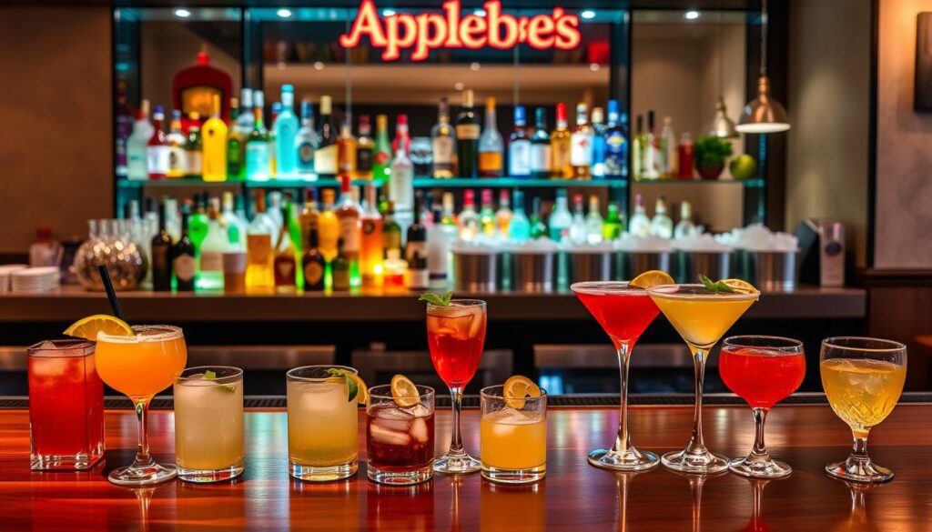 A modern and well-lit bar counter, with an array of colorful liquor bottles, cocktail glasses, and ice buckets neatly arranged. In the foreground, an assortment of classic cocktails and mixed drinks, such as margaritas, mojitos, and martinis, are presented on the polished wooden surface. The background features a warm, inviting ambiance with soft lighting and subtle patterns on the walls, creating a cozy and relaxed atmosphere. The overall scene conveys a sense of an Applebee's Happy Hour, with a carefully curated selection of popular and tempting beverage options.