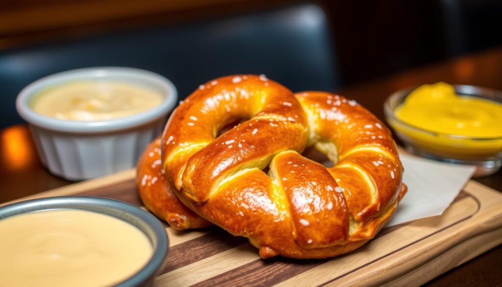 A mouthwatering close-up of freshly baked Applebee's Brew Pub Pretzels, glistening with a golden-brown crust and perfectly salted. The pretzels are arranged on a rustic wooden board, accompanied by a creamy cheese dipping sauce and a tantalizing side of honey mustard. The image is bathed in warm, inviting lighting, capturing the cozy atmosphere of an Applebee's brewpub. The pretzels are shot at a flattering angle, showcasing their soft, doughy interior and the delightful twist of the pretzel shape. The overall composition exudes a sense of indulgence and culinary delight, perfectly capturing the essence of this popular Applebee's appetizer. A mouthwatering close-up of freshly baked Applebee's Brew Pub Pretzels, glistening with a golden-brown crust and perfectly salted. The pretzels are arranged on a rustic wooden board, accompanied by a creamy cheese dipping sauce and a tantalizing side of honey mustard. The image is bathed in warm, inviting lighting, capturing the cozy atmosphere of an Applebee's brewpub. The pretzels are shot at a flattering angle, showcasing their soft, doughy interior and the delightful twist of the pretzel shape. The overall composition exudes a sense of indulgence and culinary delight, perfectly capturing the essence of this popular Applebee's appetizer.