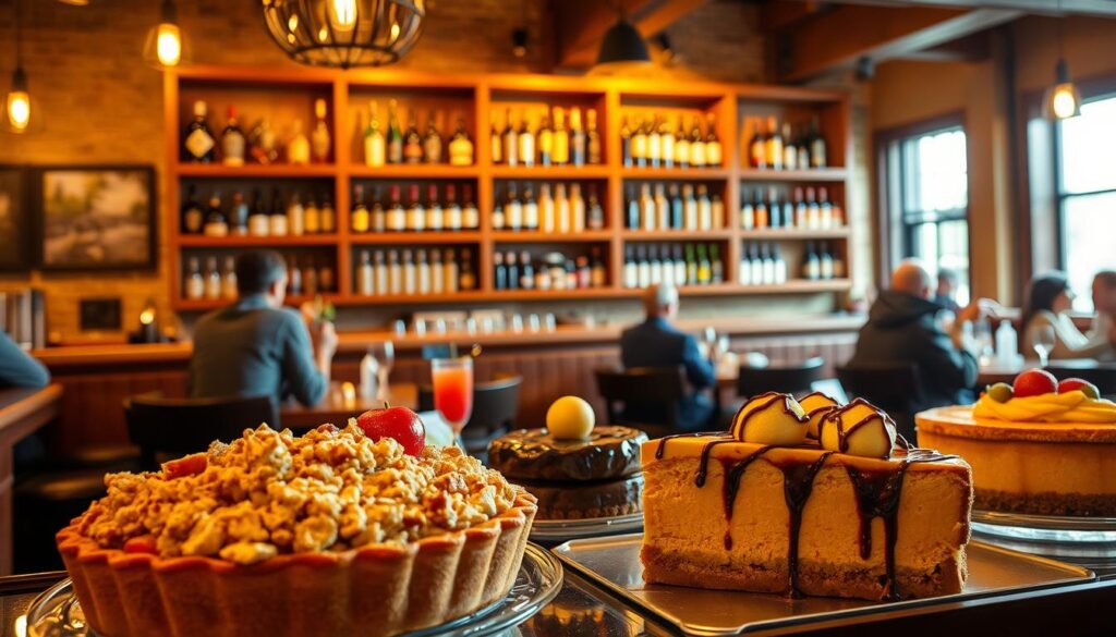 A rustic, wood-paneled interior of an Applebee's restaurant, bathed in warm, golden lighting. In the foreground, an elegant display of seasonal desserts - a decadent apple crumble pie, a rich chocolate lava cake, and a creamy pumpkin cheesecake, each garnished with fresh fruit and drizzled with caramel or chocolate sauce. The middle ground features a backdrop of wooden shelves stocked with an array of specialty cocktails and dessert wines. In the background, the silhouettes of diners enjoying their meals create a cozy, inviting atmosphere. The overall scene evokes a sense of comfort, indulgence, and the spirit of the changing seasons.