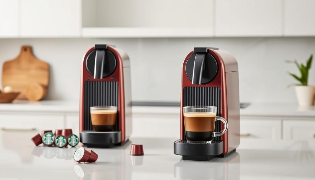 A sleek, modern kitchen counter showcases the collaboration between Starbucks and Nespresso. In the foreground, a shiny Nespresso machine in a rich, sophisticated color stands tall, its minimalist design complementing the Starbucks branding. Beside it, a selection of Starbucks-branded Nespresso coffee capsules are neatly arranged, offering a tempting array of roast profiles. The middle ground features a freshly brewed cup of Starbucks coffee, its rich aroma and creamy texture evident. In the background, a clean, well-lit space with neutral tones and subtle accents creates a welcoming, high-end ambiance, suggesting the perfect setting for an elevated at-home coffee experience.