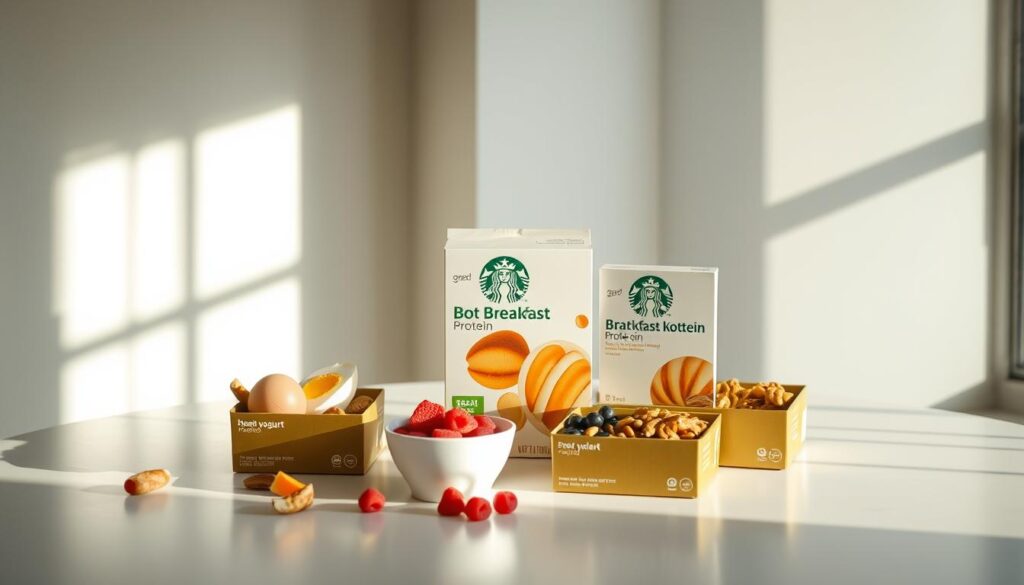 A still life scene of Starbucks Breakfast Protein Boxes on a clean, minimalist table, bathed in soft, natural lighting from a nearby window. The boxes are carefully arranged, showcasing their vibrant colors and appetizing contents - a variety of protein-rich foods such as hard-boiled eggs, Greek yogurt, berries, and roasted nuts. The scene is captured from a slightly elevated angle, creating a sense of depth and emphasizing the tactile, high-quality presentation of the products. The overall mood is one of healthy, fresh, and inviting sustenance, perfectly suited to start the day.