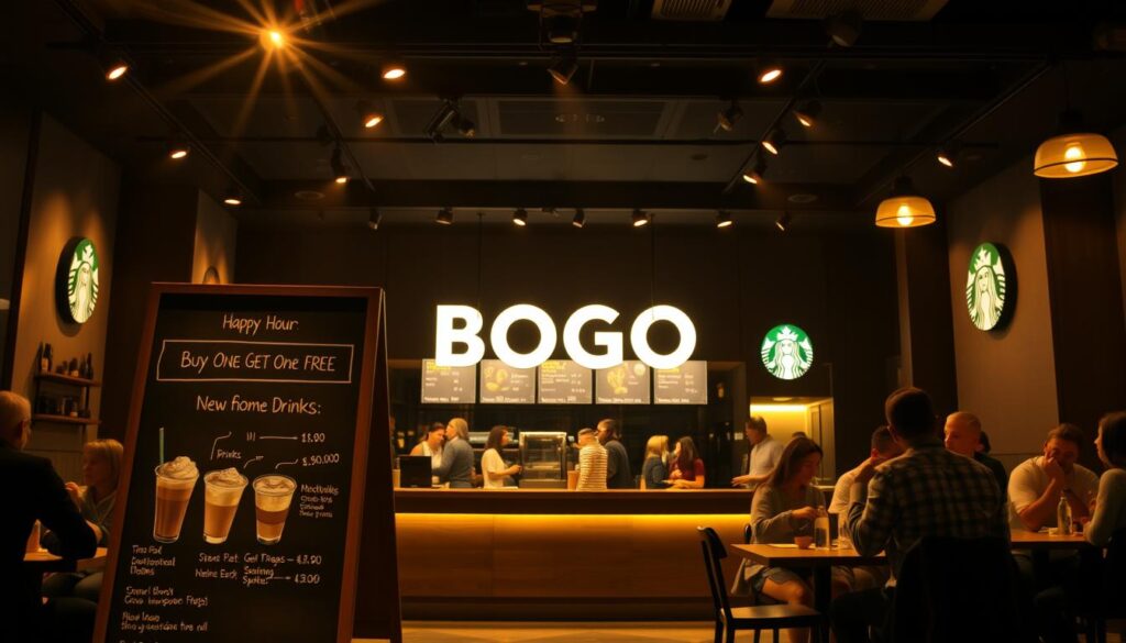 A stylish, dimly lit Starbucks cafe interior, with a central counter displaying an enticing &quot;Buy One Get One Free&quot; promotion. The scene is bathed in a warm, golden glow from overhead spotlights, casting a cozy, inviting atmosphere. In the foreground, a chalkboard menu showcases the featured Happy Hour drinks, their descriptions and prices. Customers are gathered around small cafe tables, enjoying their beverages and conversing. The middle ground features a prominent &quot;BOGO&quot; sign, drawing the eye to the special offer. The background showcases the familiar Starbucks branding and decor, creating a recognizable setting. The overall composition conveys a sense of comfort, indulgence and an exciting limited-time promotion.