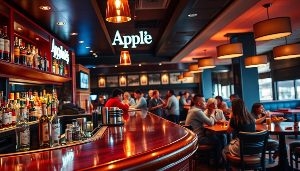A vibrant Applebee's setting with a playful, inviting atmosphere. In the foreground, a wooden bar counter with bottles of liquor and glassware, hinting at the happy hour specials. The middle ground features patrons enjoying drinks and appetizers, capturing the social and lively mood. The background showcases the restaurant's modern decor, with soft lighting and cozy furnishings that create a welcoming ambiance. The overall composition emphasizes the energy and affordability of Applebee's happy hour, encouraging readers to maximize their savings and savor the experience.