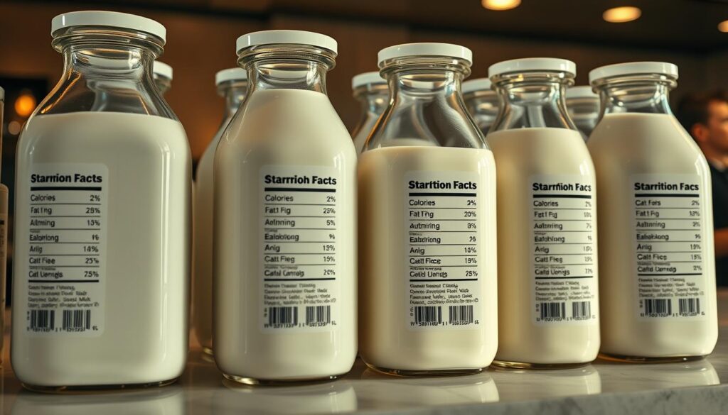 A well-lit, high-resolution image of a Starbucks counter display showcasing various milk options with their respective nutritional information. The display features glass containers filled with different types of milk, such as whole, 2%, almond, and oat milk, each with a clear label detailing the calories, fat, carbohydrates, and protein content per serving. The lighting is soft and natural, creating a clean, inviting atmosphere. The image is captured at a slight angle, giving a clear view of the display while maintaining a sense of depth and perspective. The overall composition highlights the importance of understanding the nutritional impact of milk choices when ordering Starbucks beverages.