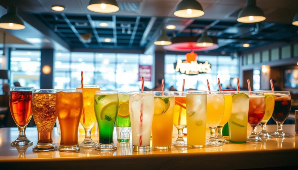 A well-lit interior of an Applebee's restaurant, showcasing an extensive array of non-alcoholic beverages. On the counter, an assortment of glasses filled with various refreshing options, including iced teas, sodas, juices, and specialty lemonades. The scene is bathed in warm, ambient lighting, creating a cozy and inviting atmosphere. In the background, glimpses of the restaurant's decor can be seen, hinting at the casual dining experience. The focus is on the diverse selection of non-alcoholic drinks, presenting a visually appealing and tempting display for patrons seeking refreshment.