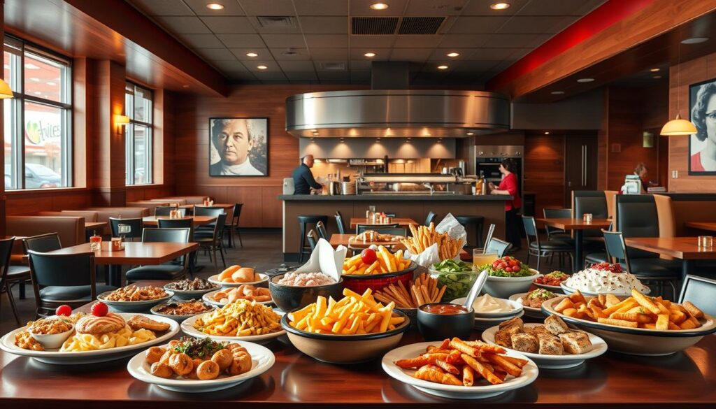 A well-lit, photorealistic scene of an Applebee's restaurant interior, showcasing their All-You-Can-Eat Specials. The foreground features a table with a selection of appetizers, entrees, and desserts, artfully arranged to entice the viewer. In the middle ground, the restaurant's cozy ambiance is evident, with warm lighting, comfortable seating, and attentive staff. The background depicts the restaurant's signature decor, including wood paneling, modern art, and a view of the bustling kitchen. The overall atmosphere conveys a sense of value, hospitality, and the abundance of options available to diners.