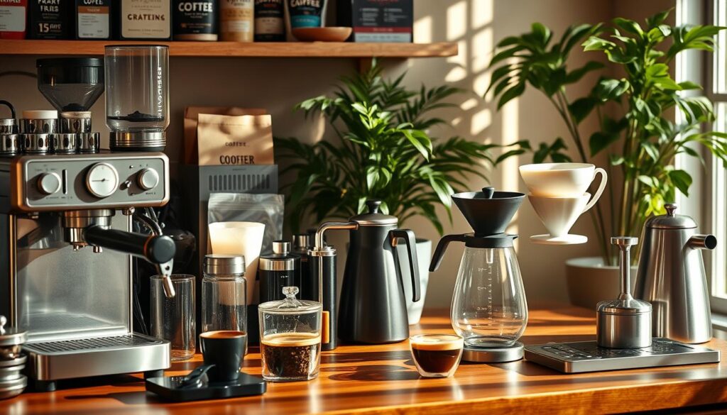 A well-stocked home barista's workstation, bathed in warm, natural lighting. In the foreground, an array of essential tools - a precision espresso machine, a sleek grinder, and a polished tamper. Interspersed are various coffee accessories, including a milk frother, a scale, and a selection of artisanal roasts. The middle ground showcases a pour-over setup, with a gooseneck kettle and a carefully-crafted ceramic dripper. In the background, a lush, green plant adds a touch of vitality, complementing the rich, wood-toned surfaces. The overall scene exudes a sense of expertise, attention to detail, and a passion for crafting the perfect cup of coffee, capturing the essence of &amp;quot;Barista-Level Results&amp;quot; for the at-home coffee enthusiast.