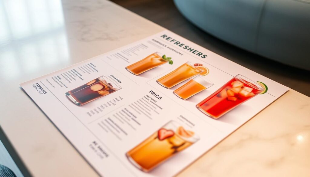 Detailed price list for Starbucks Refreshers beverages, showcased on a sleek, modern tabletop. The menu features vibrant, colorful drinks with clear pricing information, presented in a clean, minimalist layout. Soft, diffused lighting highlights the drinks' alluring hues, creating a refreshing, inviting atmosphere. The tabletop is made of smooth, polished wood or marble, lending a premium, high-end feel. Camera angle is slightly elevated, capturing the entire price guide layout in a crisp, well-composed frame. The overall mood is one of sophistication, clarity, and thirst-quenching appeal.