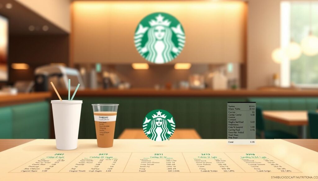 Starbucks Food Nutrition Overview: A vibrant, digital illustration showcasing the nutritional information of Starbucks' food menu. In the foreground, a clean, minimalist table displays a selection of Starbucks menu items, each with their corresponding calorie, carbohydrate, and other key nutritional details presented in a clear, organized manner. The middle ground features a stylized, muted Starbucks logo as a subtle backdrop, while the background depicts a softly blurred, atmospheric coffee shop environment, complete with warm lighting and a hints of Starbucks' signature green branding. The overall composition conveys a sense of informative clarity and Starbucks' commitment to transparency around the nutritional content of their food offerings.