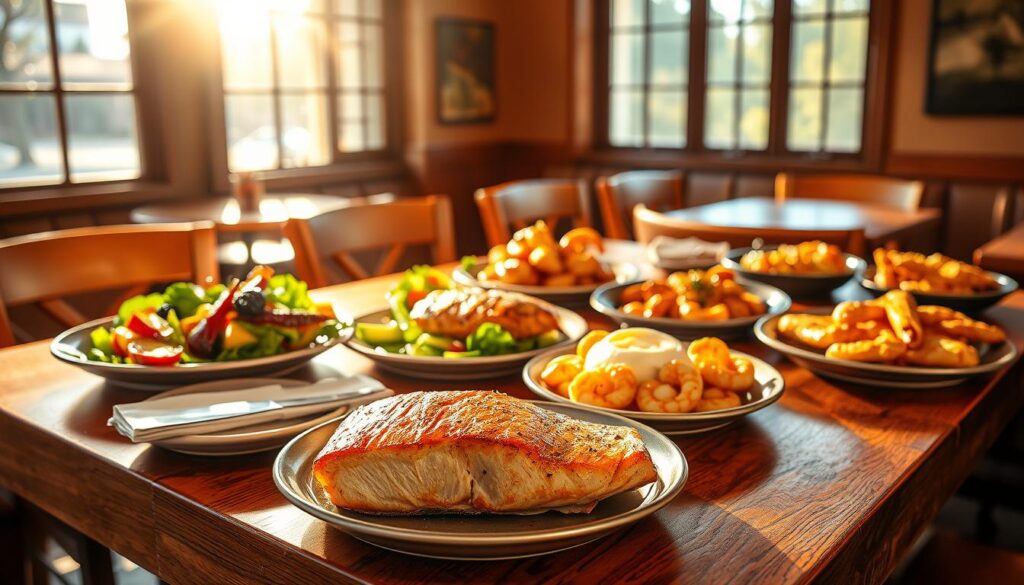 Warm, cozy, and inviting restaurant interior showcasing a spread of delectable gluten-free seafood and chicken dishes on a wooden table. The scene is illuminated by soft, natural lighting from large windows, casting a golden glow over the carefully plated meals. In the foreground, a seared salmon fillet accompanied by a colorful array of roasted vegetables. In the middle ground, a juicy grilled chicken breast served with a vibrant salad and a side of creamy garlic mashed potatoes. The background features additional gluten-free options, such as a sizzling skillet of shrimp scampi and a plate of tender, marinated chicken tenders. The overall atmosphere exudes an air of freshness, quality, and dietary-friendly indulgence.